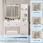 Coiffeuse avec miroir, support pour sèche-cheveux, tiroirs de rangement et tabouret rembourré pour chambre à coucher