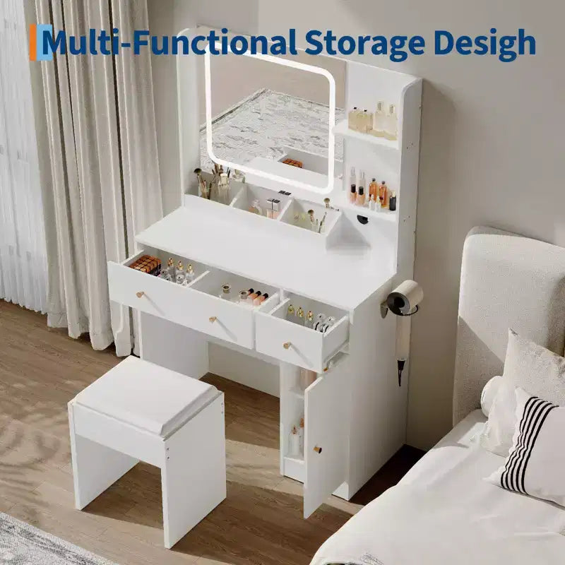Coiffeuse avec miroir, support pour sèche-cheveux, tiroirs de rangement et tabouret rembourré pour chambre à coucher