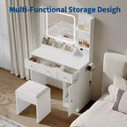 Coiffeuse avec miroir, support pour sèche-cheveux, tiroirs de rangement et tabouret rembourré pour chambre à coucher