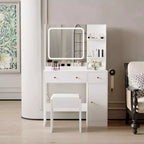 Coiffeuse avec miroir, support pour sèche-cheveux, tiroirs de rangement et tabouret rembourré pour chambre à coucher