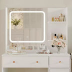 Coiffeuse avec miroir, support pour sèche-cheveux, tiroirs de rangement et tabouret rembourré pour chambre à coucher