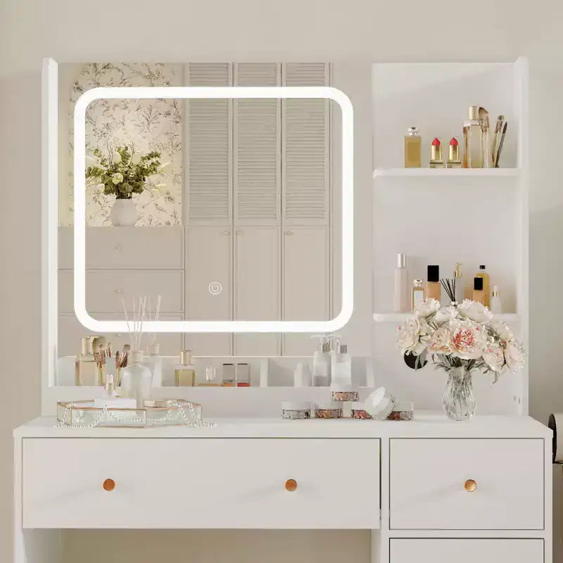 Coiffeuse avec miroir, support pour sèche-cheveux, tiroirs de rangement et tabouret rembourré pour chambre à coucher