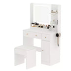 Coiffeuse avec miroir, support pour sèche-cheveux, tiroirs de rangement et tabouret rembourré pour chambre à coucher