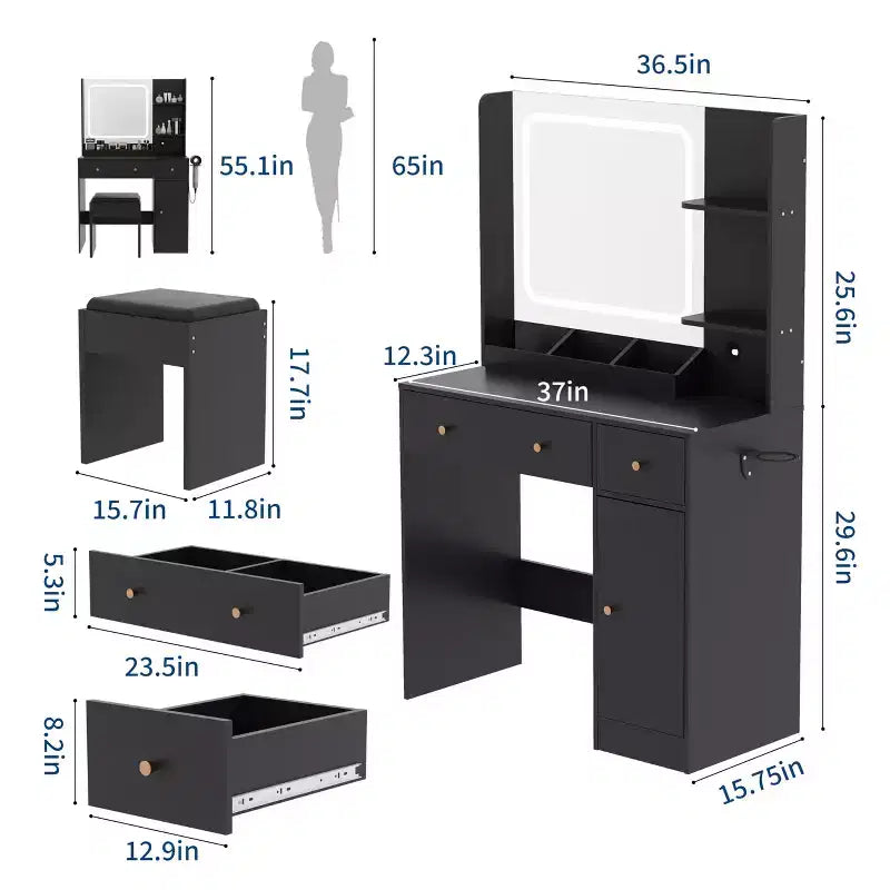Coiffeuse avec miroir, support pour sèche-cheveux, tiroirs de rangement et tabouret rembourré pour chambre à coucher