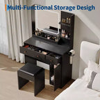 Coiffeuse avec miroir, support pour sèche-cheveux, tiroirs de rangement et tabouret rembourré pour chambre à coucher