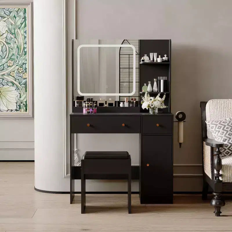 Coiffeuse avec miroir, support pour sèche-cheveux, tiroirs de rangement et tabouret rembourré pour chambre à coucher