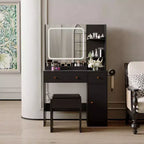 Coiffeuse avec miroir, support pour sèche-cheveux, tiroirs de rangement et tabouret rembourré pour chambre à coucher