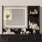 Coiffeuse avec miroir, support pour sèche-cheveux, tiroirs de rangement et tabouret rembourré pour chambre à coucher
