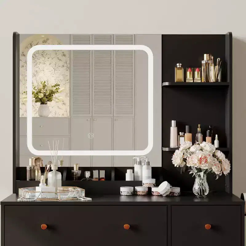 Coiffeuse avec miroir, support pour sèche-cheveux, tiroirs de rangement et tabouret rembourré pour chambre à coucher