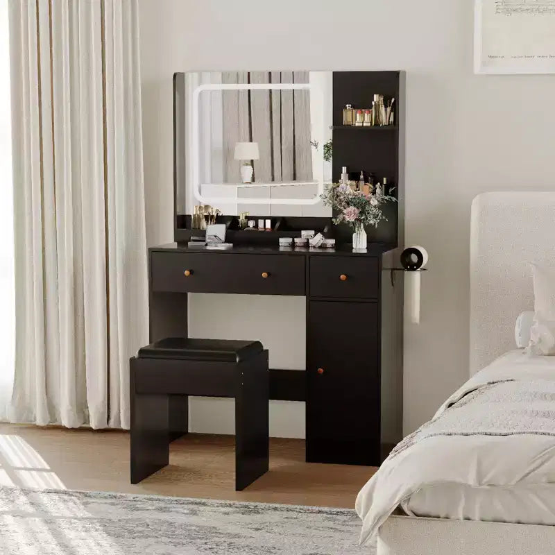 Makeup Vanity with Mirror Vanity Table with Hair Dryer Holder Storage Drawers and Shelves with Upholstered Stool for Bedroom