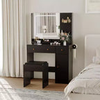 Makeup Vanity with Mirror Vanity Table with Hair Dryer Holder Storage Drawers and Shelves with Upholstered Stool for Bedroom