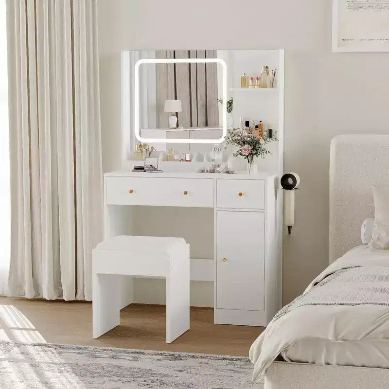 Coiffeuse avec miroir, support pour sèche-cheveux, tiroirs de rangement et tabouret rembourré pour chambre à coucher