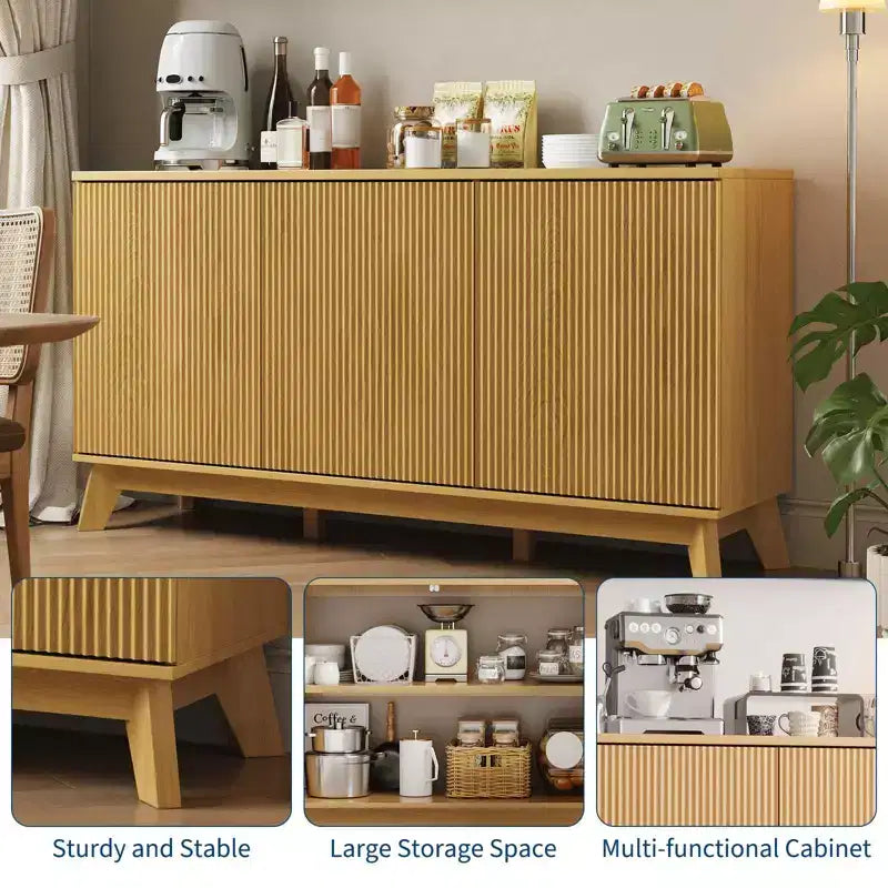 Buffet de salle à manger cannelé de 58 po – 3 portes, étagères réglables, rangement de style ferme pour bar à café
