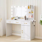 Makeup Vanity Desk with Mirror and Lights, White Vanity Table with Charging Station, 3 Drawers, 2 Cubbies, 1 Cabinet & Open Shelves, for Women Girls