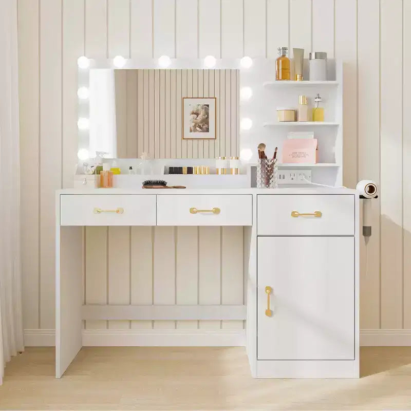 Coiffeuse avec miroir et lumières – Blanc, station de charge, 3 tiroirs, 2 compartiments, 1 placard