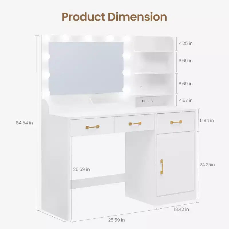 Coiffeuse avec miroir et lumières – Blanc, station de charge, 3 tiroirs, 2 compartiments, 1 placard