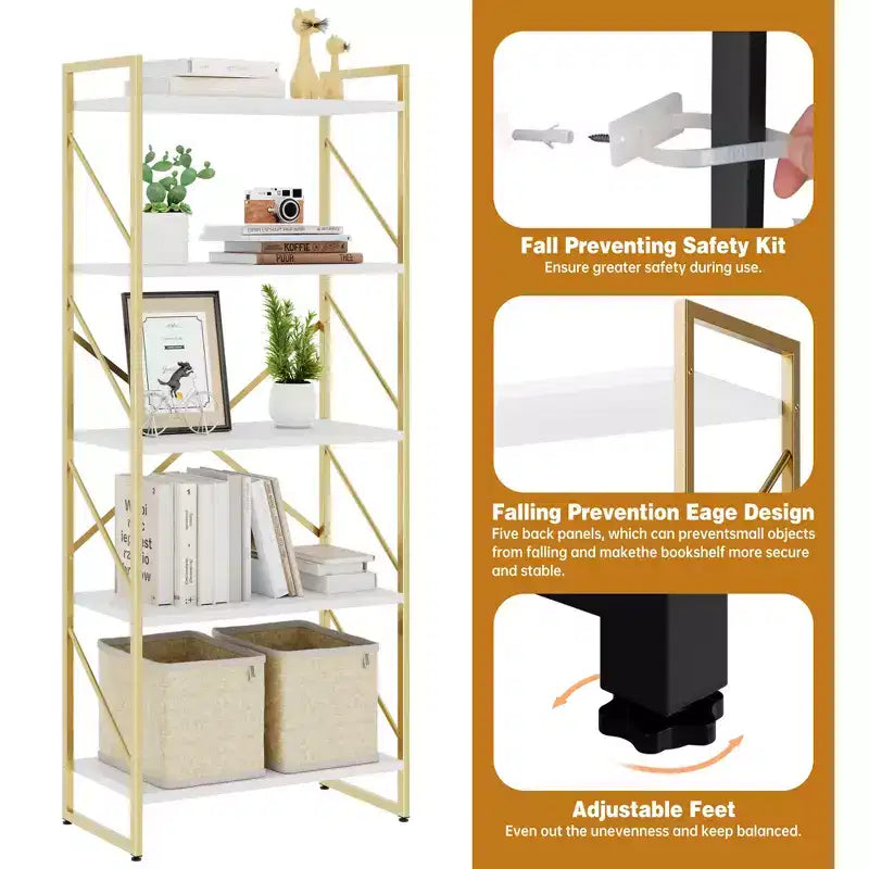 Bibliothèque haute à 5 niveaux Celebalcony, 158 cm H x 60 cm L, en bois avec cadre métallique – Étagères de rangement modernes pour la maison et le bureau