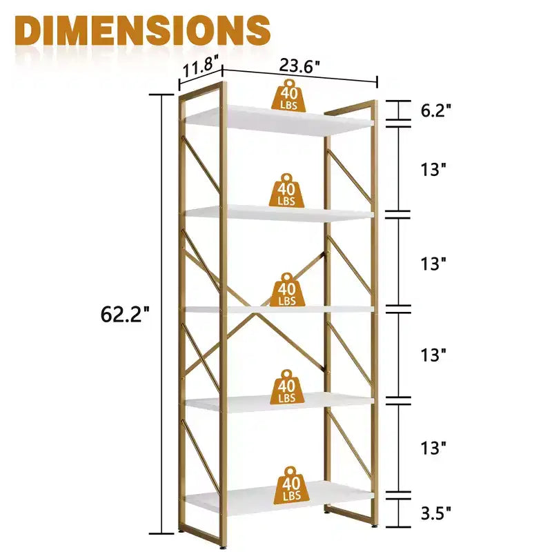 Bibliothèque haute à 5 niveaux Celebalcony, 158 cm H x 60 cm L, en bois avec cadre métallique – Étagères de rangement modernes pour la maison et le bureau