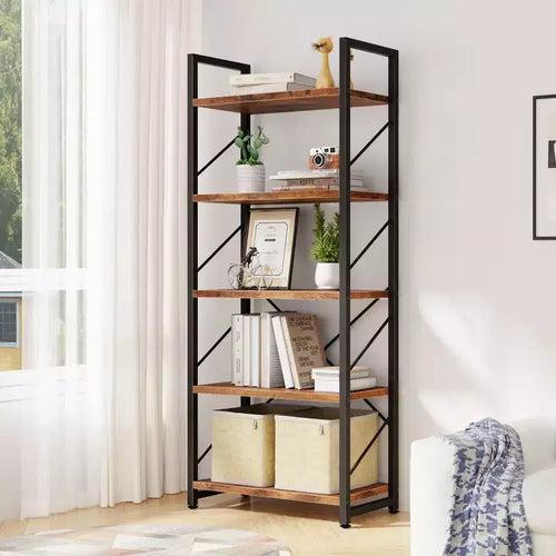 Bibliothèque haute à 5 niveaux , 158 cm H x 60 cm L, en bois avec cadre métallique – Étagères de rangement modernes pour la maison et le bureau