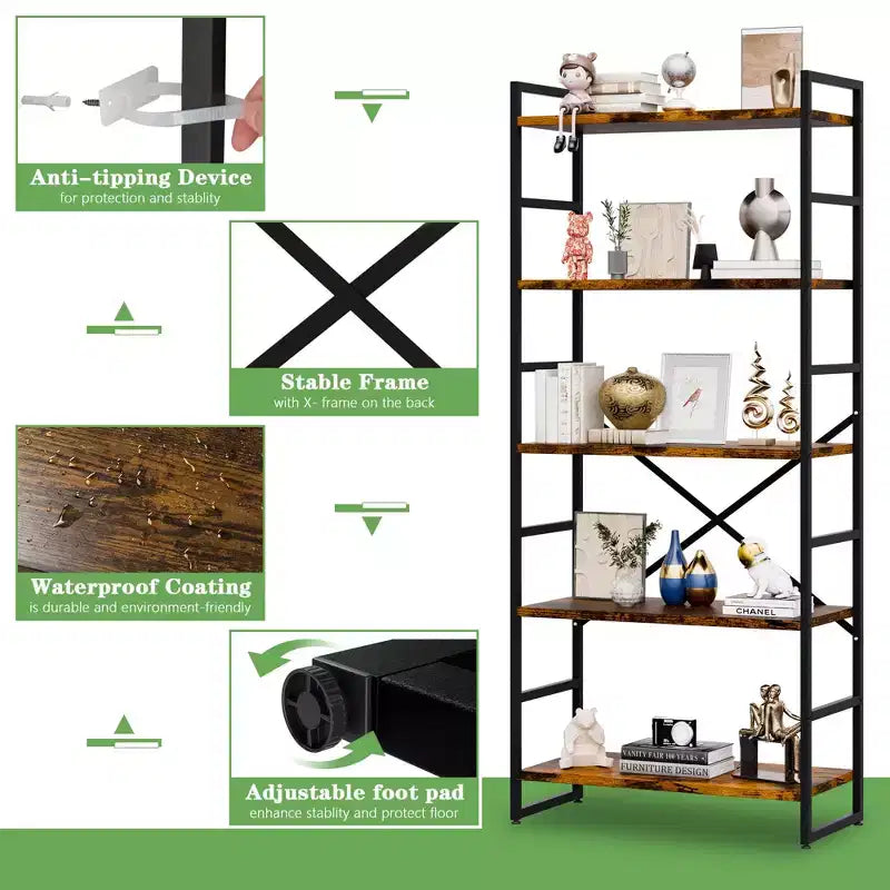 Bibliothèque haute à 5 niveaux Celebalcony, 158 cm H x 60 cm L, en bois avec cadre métallique – Étagères de rangement modernes pour la maison et le bureau