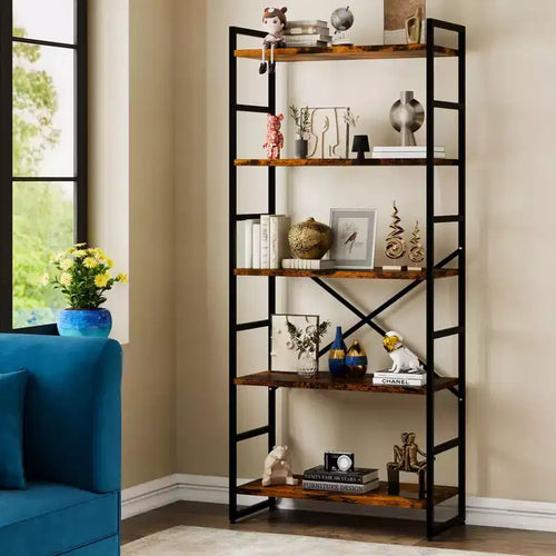 Celebalcony 62.2 H x 23.6 W 5 Tiers Bookshelf, Tall Wooden Bookcase with Metal Frame, Modern Book Rack, Storage Shelves for Home Office