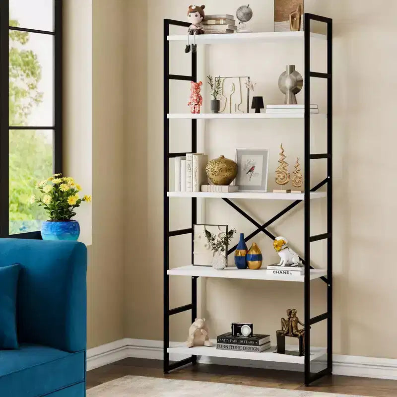 Bibliothèque haute à 5 niveaux Celebalcony, 158 cm H x 60 cm L, en bois avec cadre métallique – Étagères de rangement modernes pour la maison et le bureau