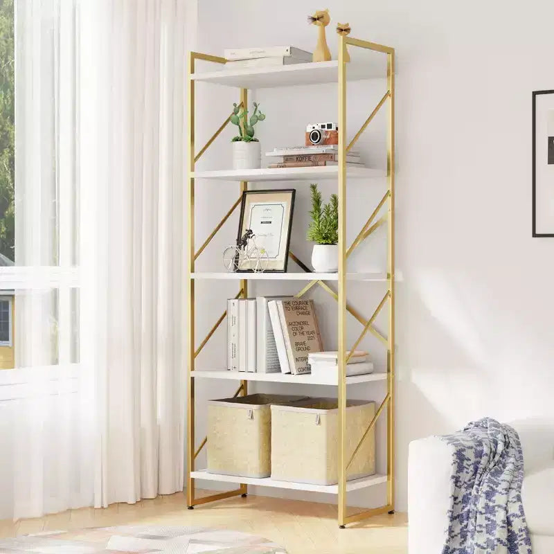 Bibliothèque haute à 5 niveaux Celebalcony, 158 cm H x 60 cm L, en bois avec cadre métallique – Étagères de rangement modernes pour la maison et le bureau