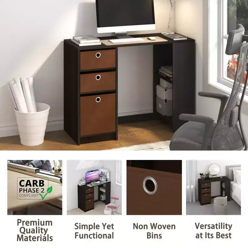 Bureau d'étude ou d'écriture de 99 cm avec 3 bacs de rangement et étagères ouvertes