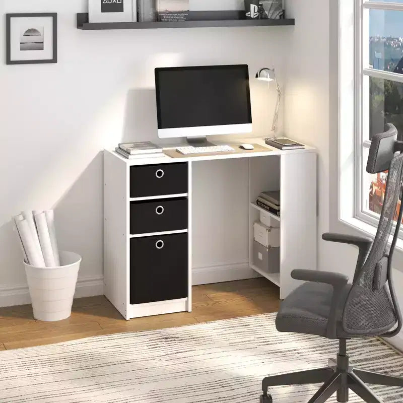 Bureau d'étude ou d'écriture de 99 cm avec 3 bacs de rangement et étagères ouvertes