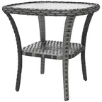 Outdoor Coffee Table with Storage Shelf, Hand-Woven Wicker Side Table with Water-Ripple Glass Top
