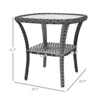 Table basse d'extérieur en osier avec étagère de rangement – Table d'appoint tressée à la main avec plateau en verre ondulé