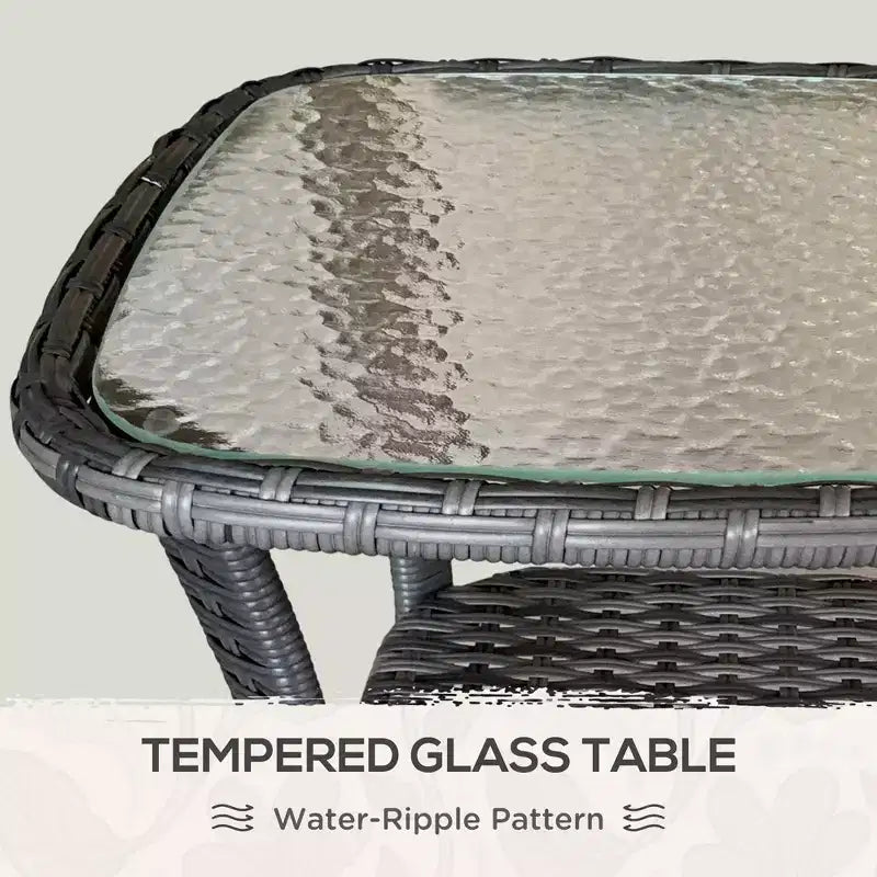 Table basse d'extérieur en osier avec étagère de rangement – Table d'appoint tressée à la main avec plateau en verre ondulé