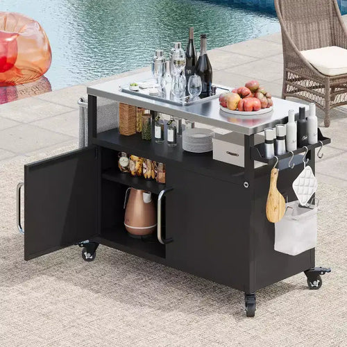 54.5 inch Outdoor Kitchen Island with Stainless Steel Tabletop, Outdoor Bar Cart with 4 Lockable Wheels for Outside BBQ