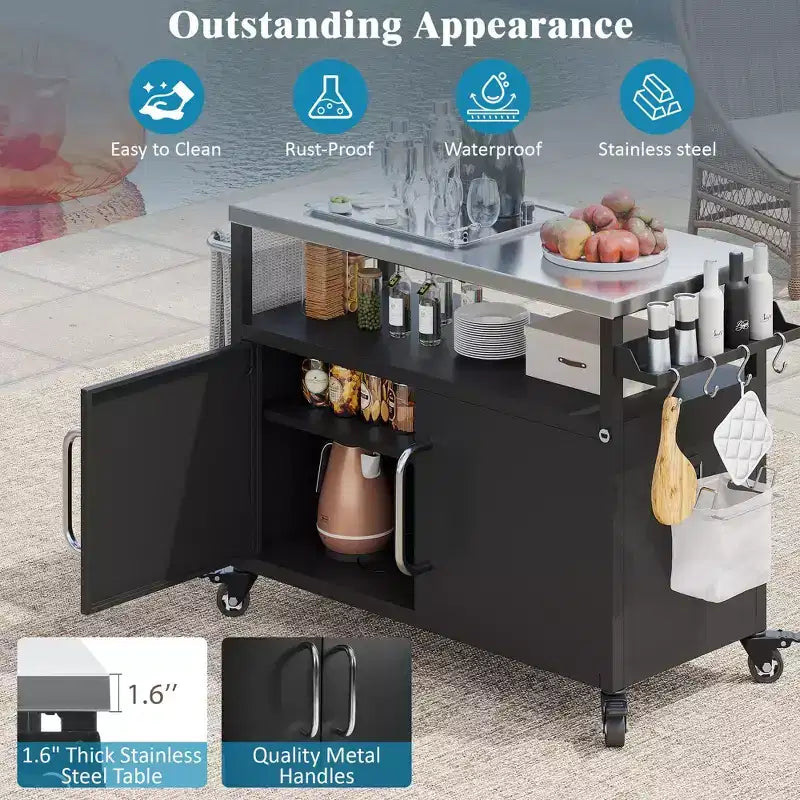 Îlot de cuisine d'extérieur de 138,4 cm avec plateau en acier inoxydable – Chariot de bar avec 4 roulettes verrouillables pour barbecue