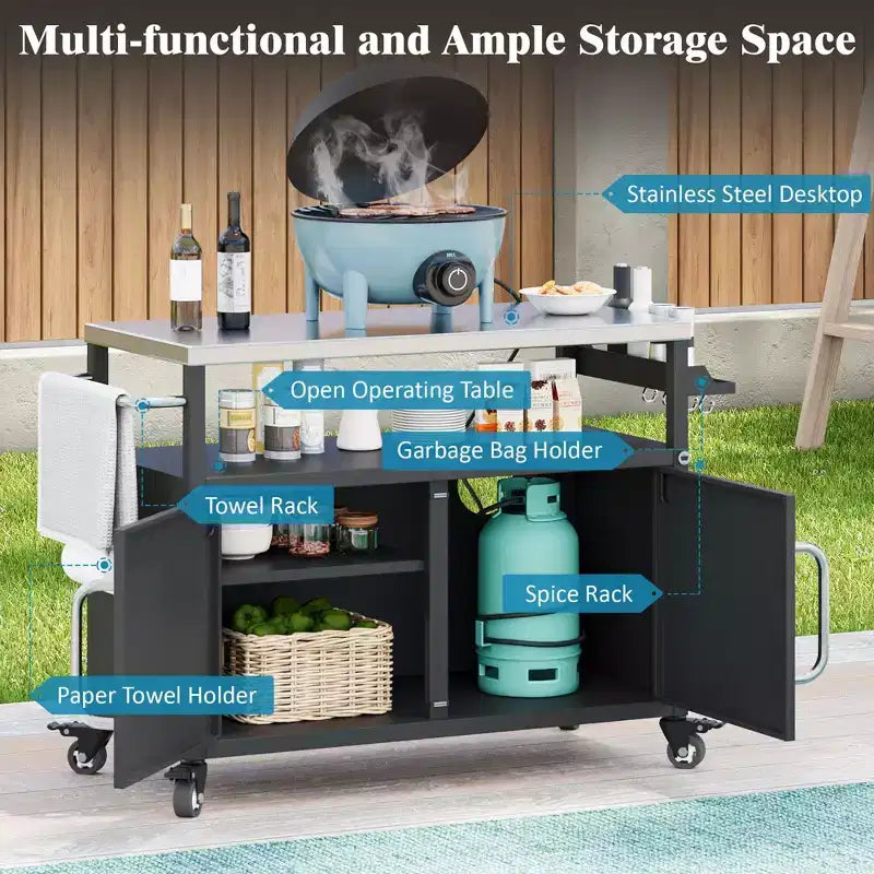 Îlot de cuisine d'extérieur de 138,4 cm avec plateau en acier inoxydable – Chariot de bar avec 4 roulettes verrouillables pour barbecue