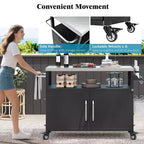 Îlot de cuisine d'extérieur de 138,4 cm avec plateau en acier inoxydable – Chariot de bar avec 4 roulettes verrouillables pour barbecue