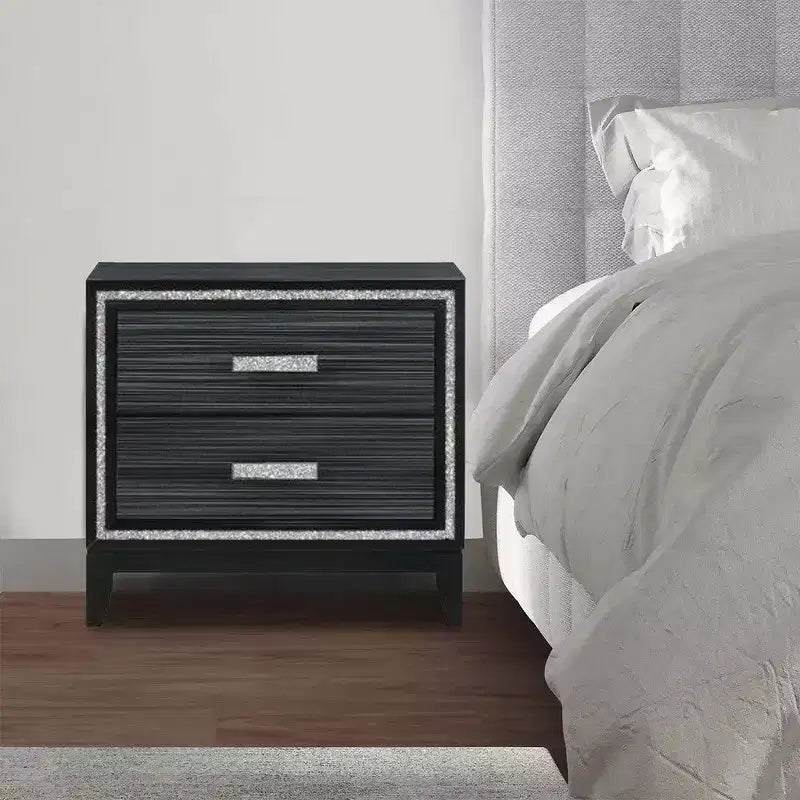 Table de chevet 2 tiroirs avec détails scintillants – Table de chevet moderne, noire