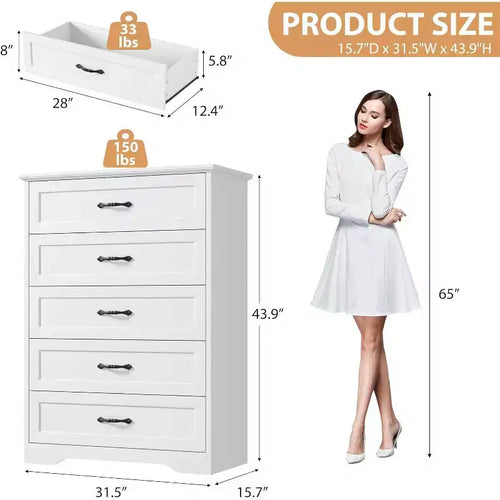Commode blanche à 5 tiroirs – Rangement robuste avec tiroirs coulissants fluides pour chambre à coucher et chambre d'amis