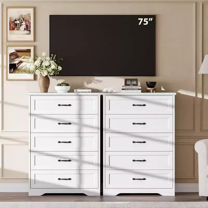 Commode blanche à 5 tiroirs – Rangement robuste avec tiroirs coulissants fluides pour chambre à coucher et chambre d'amis