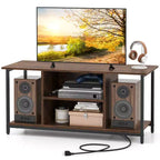Costway TV Stand for TVs up to 50 Inches 3-Tier Industrial Entertainment Center with 2 Open Compartments & Adjustable Shelf with Power Outlet Brown