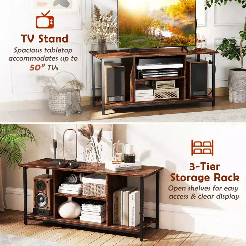 Meuble TV industriel à 3 niveaux pour TV jusqu'à 50" – Centre de divertissement avec compartiments ouverts et prise de courant