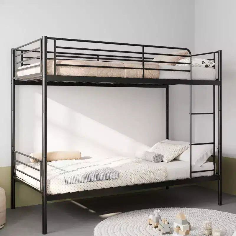 Lit superposé en métal très résistant, format jumeau, avec échelles et garde-corps haut – Cadre de lit contemporain pour chambre à coucher