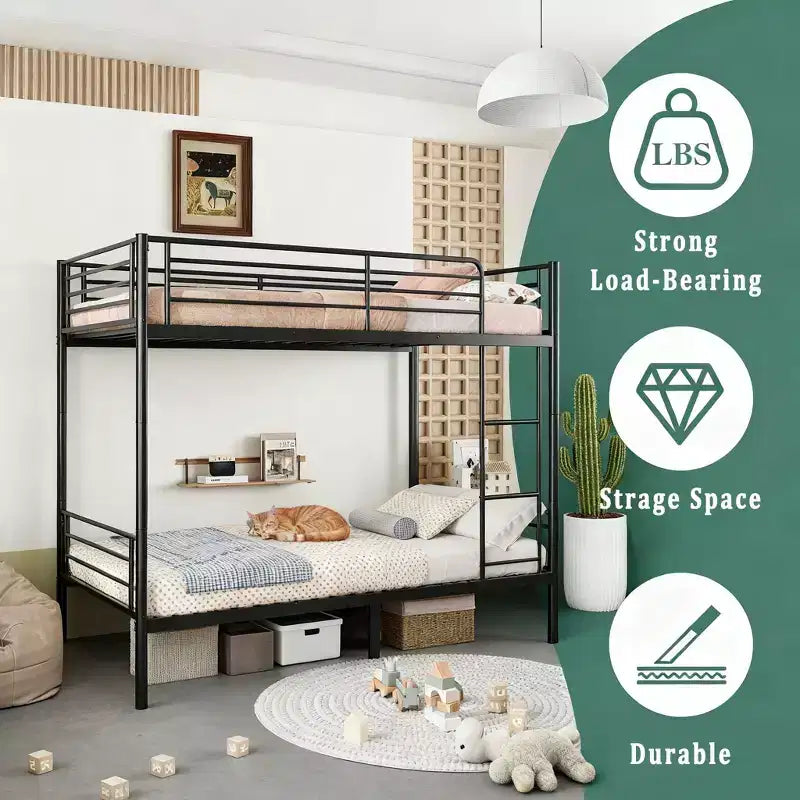 Lit superposé en métal très résistant, format jumeau, avec échelles et garde-corps haut – Cadre de lit contemporain pour chambre à coucher