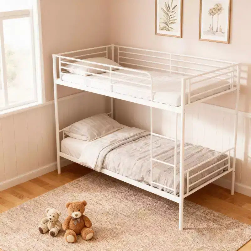 Lit superposé en métal très résistant, format jumeau, avec échelles et garde-corps haut – Cadre de lit contemporain pour chambre à coucher