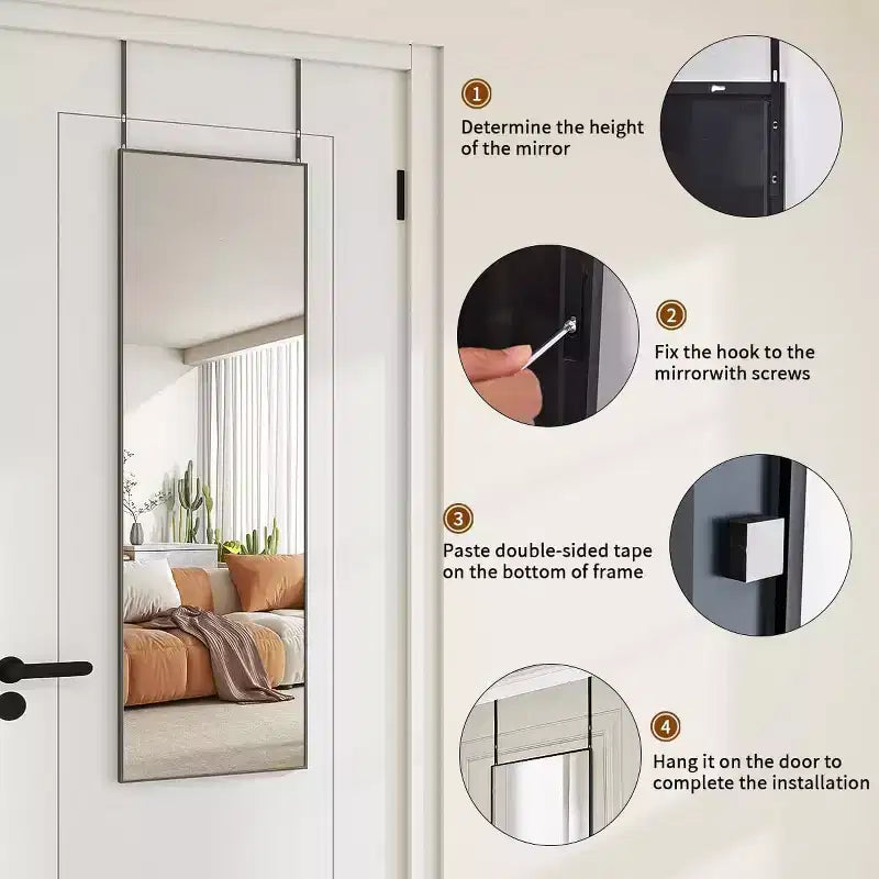 Miroir de porte, Grand miroir de porte, Miroir suspendu 122x35 cm pour chambre, salon, entrée, dortoir, Noir