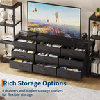Meuble TV commode avec 9 tiroirs en tissu – Grand meuble de divertissement avec 2 étagères industrielles à 4 niveaux