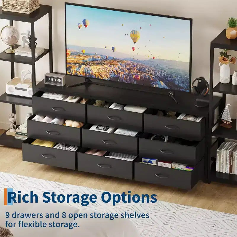 Meuble TV commode avec 9 tiroirs en tissu – Grand meuble de divertissement avec 2 étagères industrielles à 4 niveaux