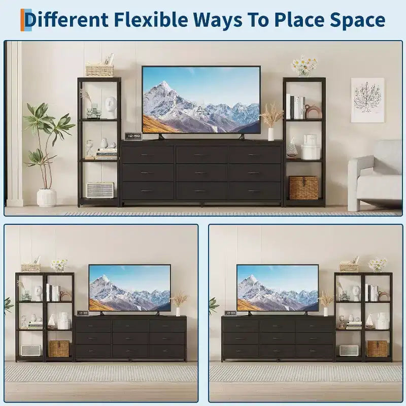 Meuble TV commode avec 9 tiroirs en tissu – Grand meuble de divertissement avec 2 étagères industrielles à 4 niveaux