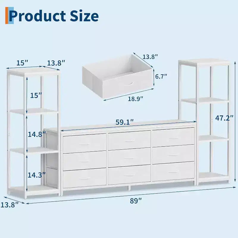 Meuble TV commode avec 9 tiroirs en tissu – Grand meuble de divertissement avec 2 étagères industrielles à 4 niveaux