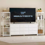 Meuble TV commode avec 9 tiroirs en tissu – Grand meuble de divertissement avec 2 étagères industrielles à 4 niveaux